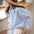 Women's French striped shirt in blue and white with turn-down collar and long sleeves, perfect for casual or office wear.